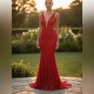 La Femme Red Lace Prom Dress